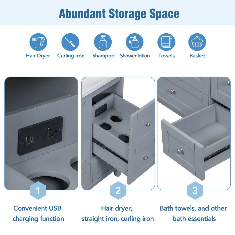 36 Inch Modern Bathroom Vanity with USB Charging and Ample Storage