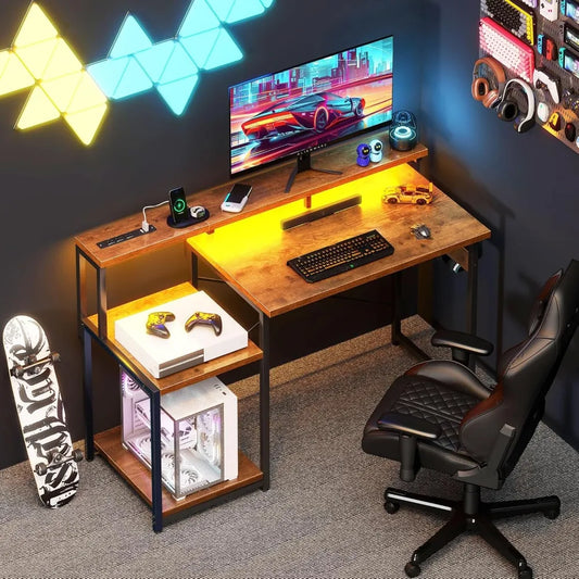 48 Inch Computer Desk Gaming Desk with LED Lights Power Outlet Shelves