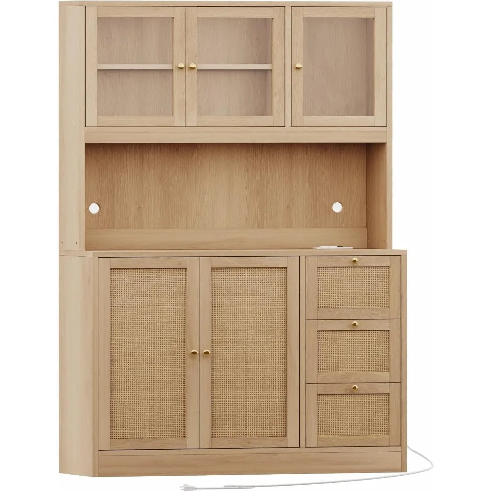 Kitchen Pantry Hutch with Microwave Stand Boho Storage Cabinet