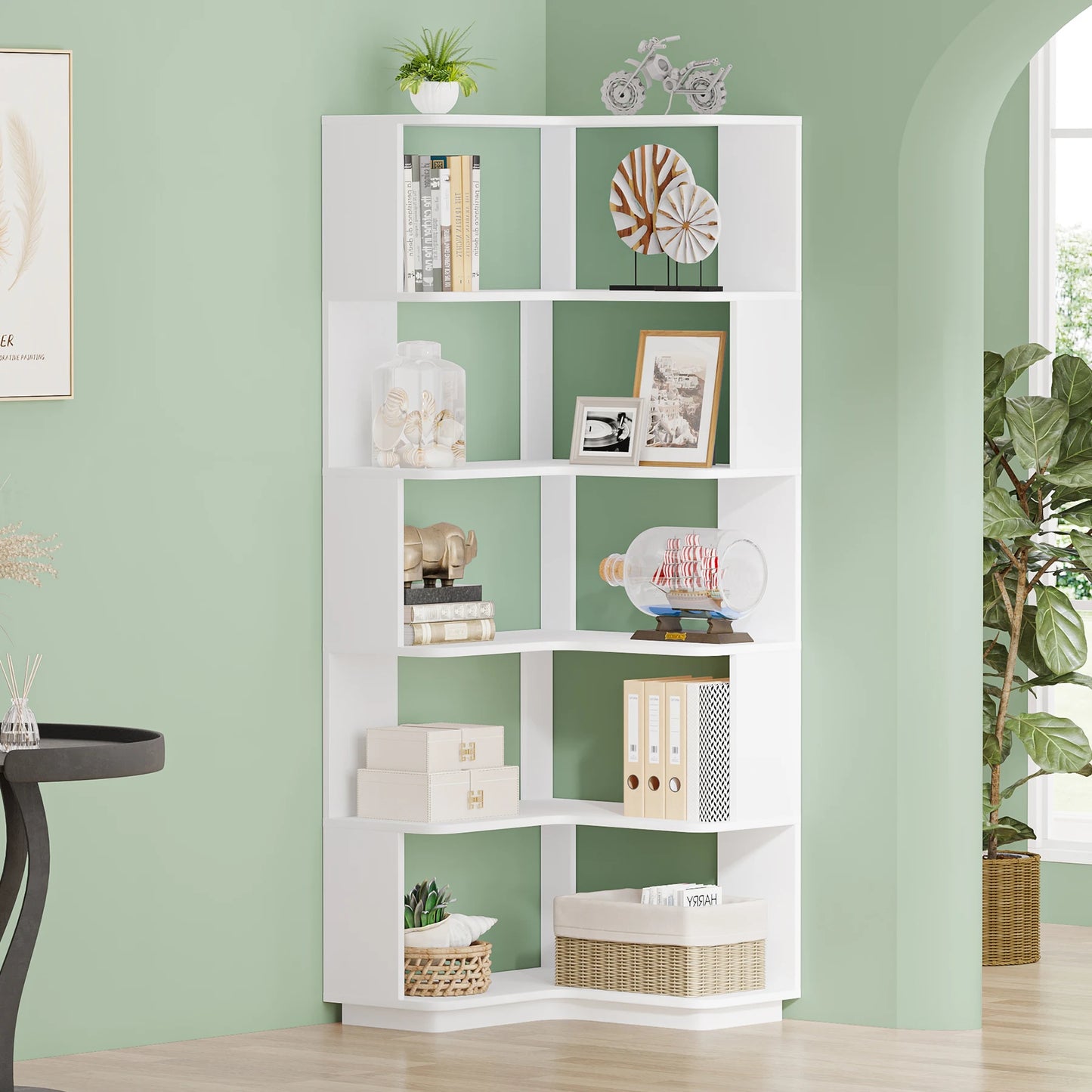 Ljustra 6 Tier Corner Bookshelf Industrial Wood Grain Bookcase