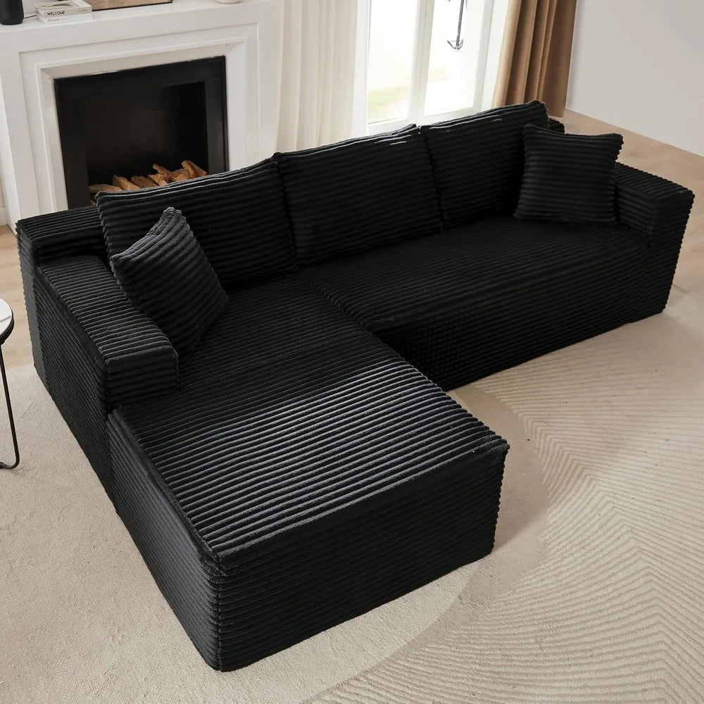 Black Corduroy Modular Sectional Couch Fluffy Cloud Living Room Sofa