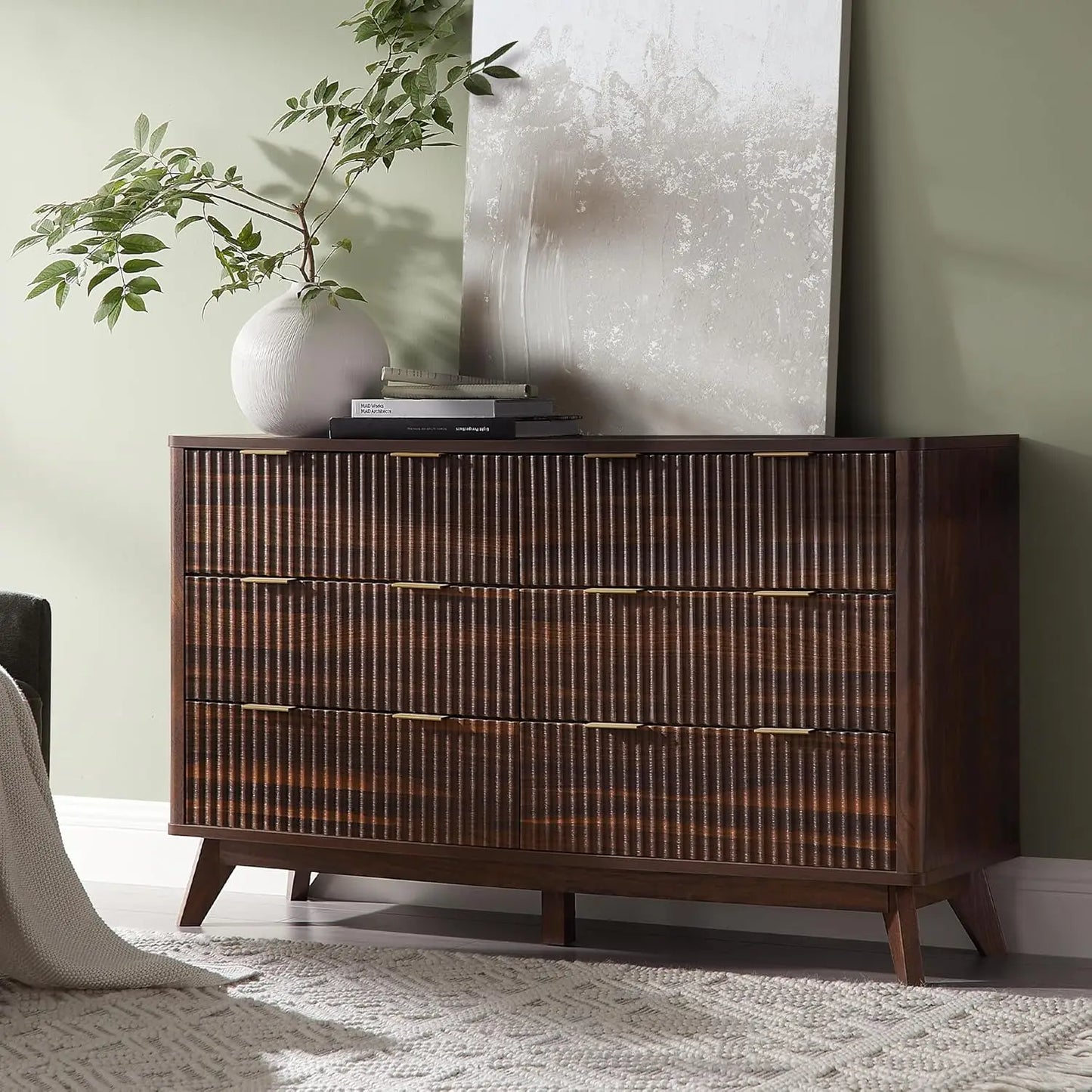 Modern 6 Drawer Dresser Faux Marble Top Fluted Chest of Drawers