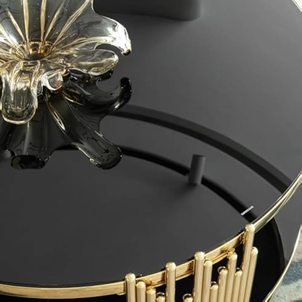 Luxury Modern 2 Tier Round Coffee Table Black Glass Gold Frame