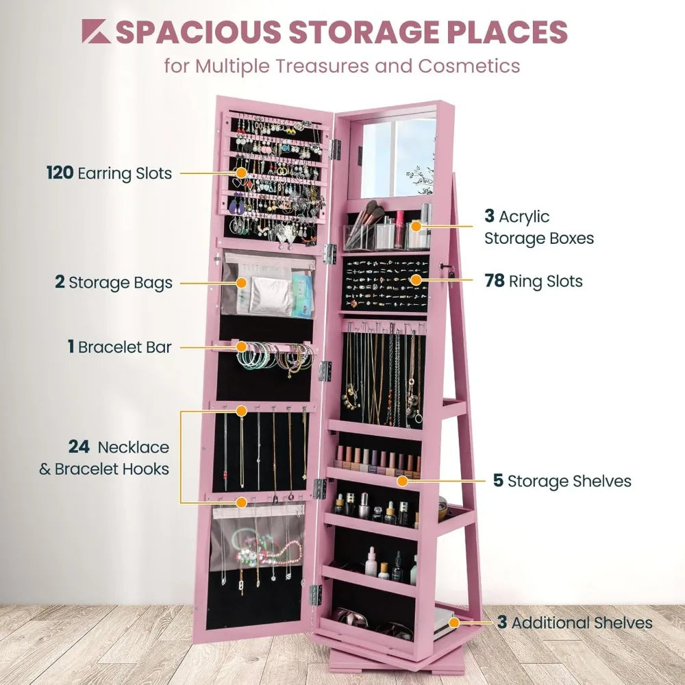360° Swivel Jewelry Armoire Full Length Mirror Lockable Cabinet Organizer