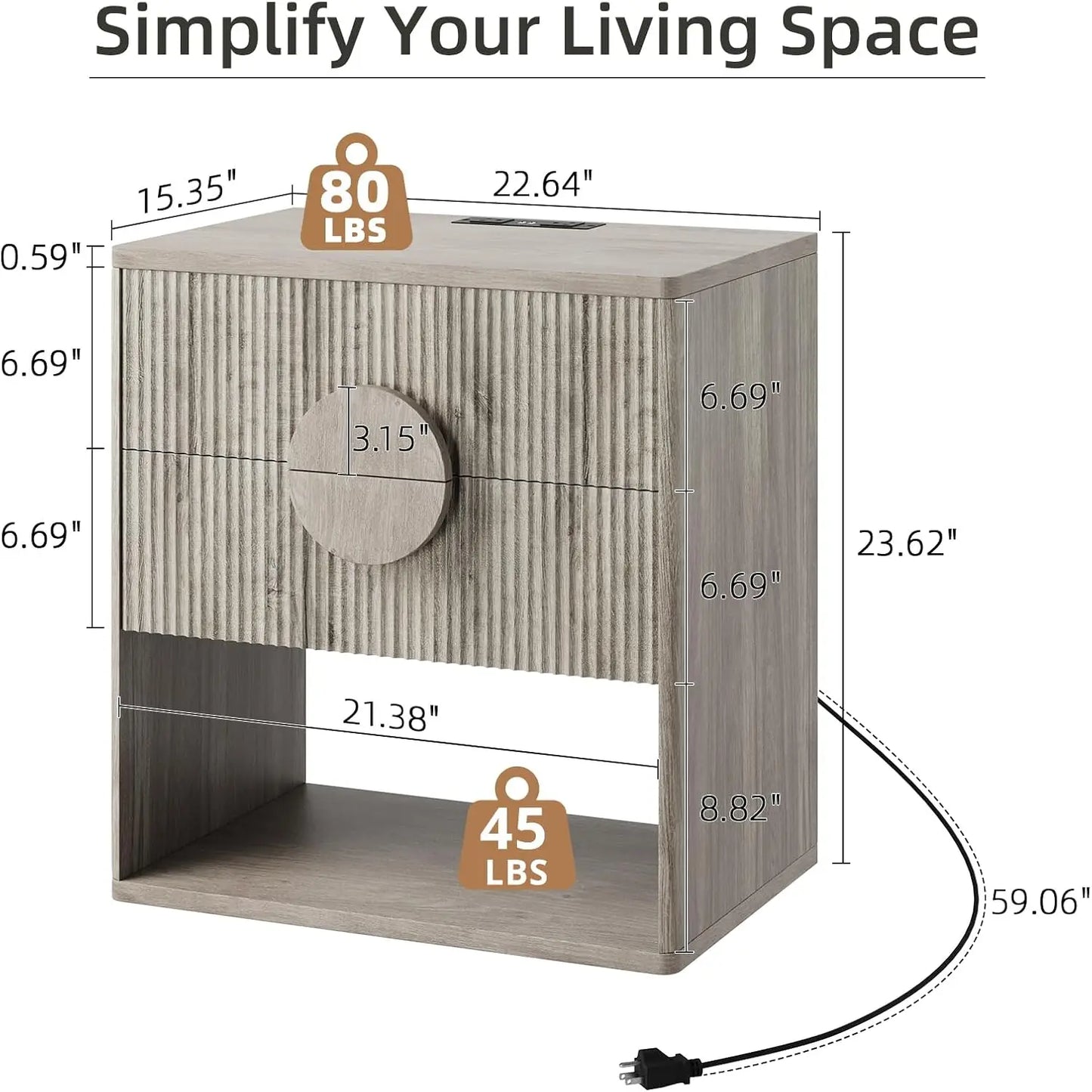 Large Fluted Nightstand with Drawers Modern Bedside Table 22.7" Wide