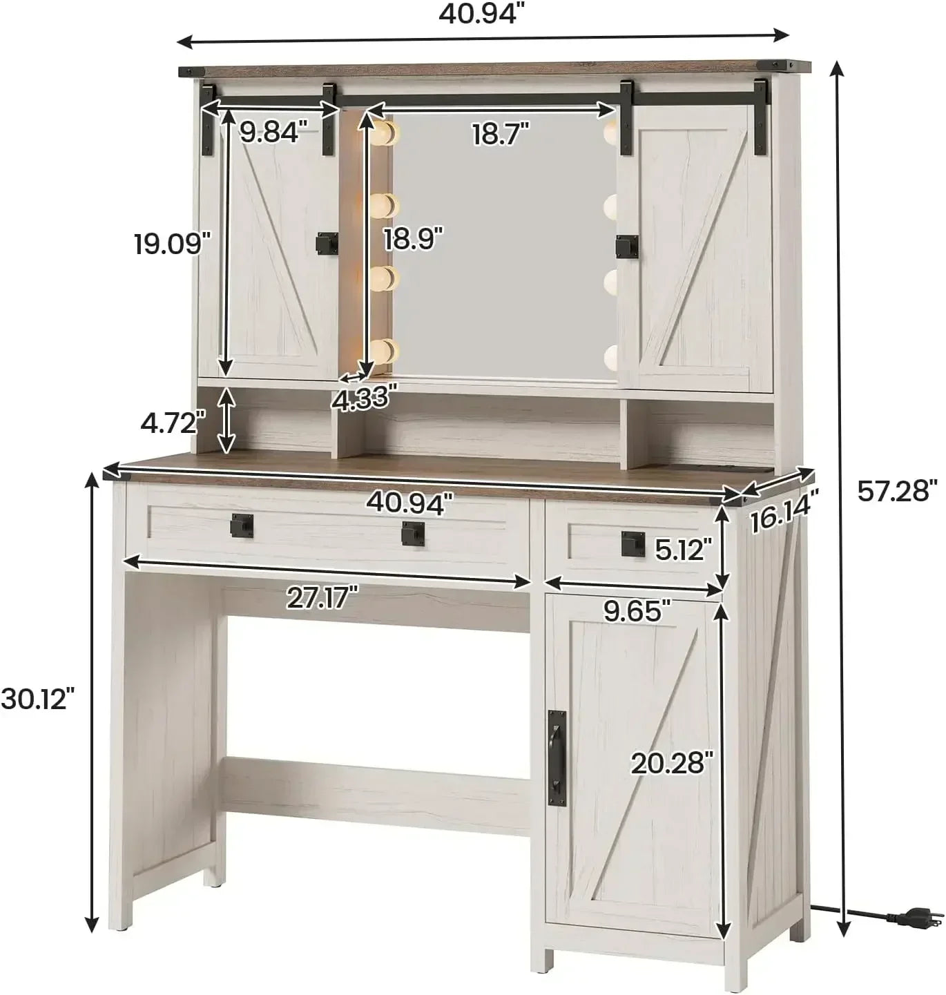 Makeup Vanity Desk with Lights and Barn Doors Charging Station