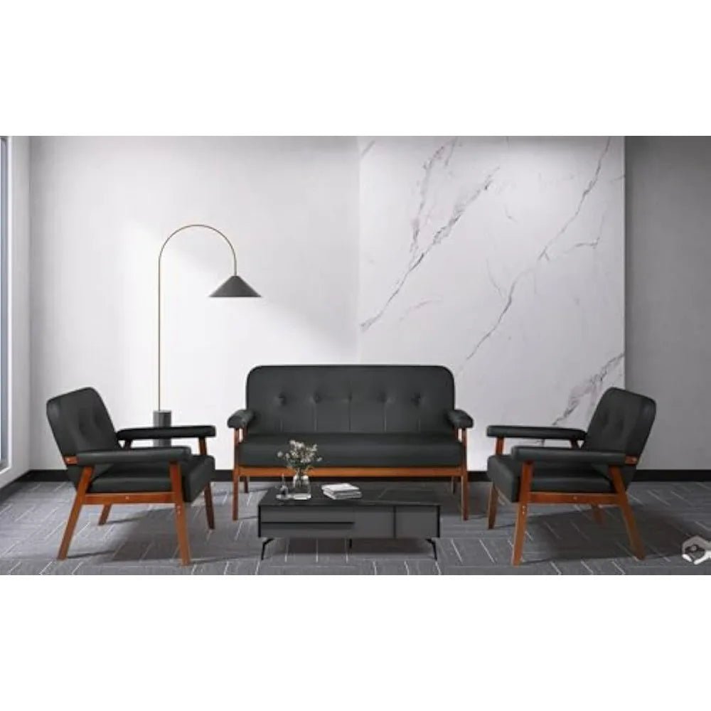 Black Faux Leather Loveseat Small Office Couch Mid Century Modern Sofa