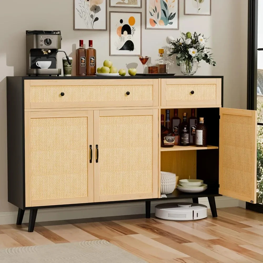 "Sideboard Buffet Storage Cabinet, Rattan Design with 2 Drawers & 3 Doors – Versatile Buffet Table for Kitchen, Dining & Living