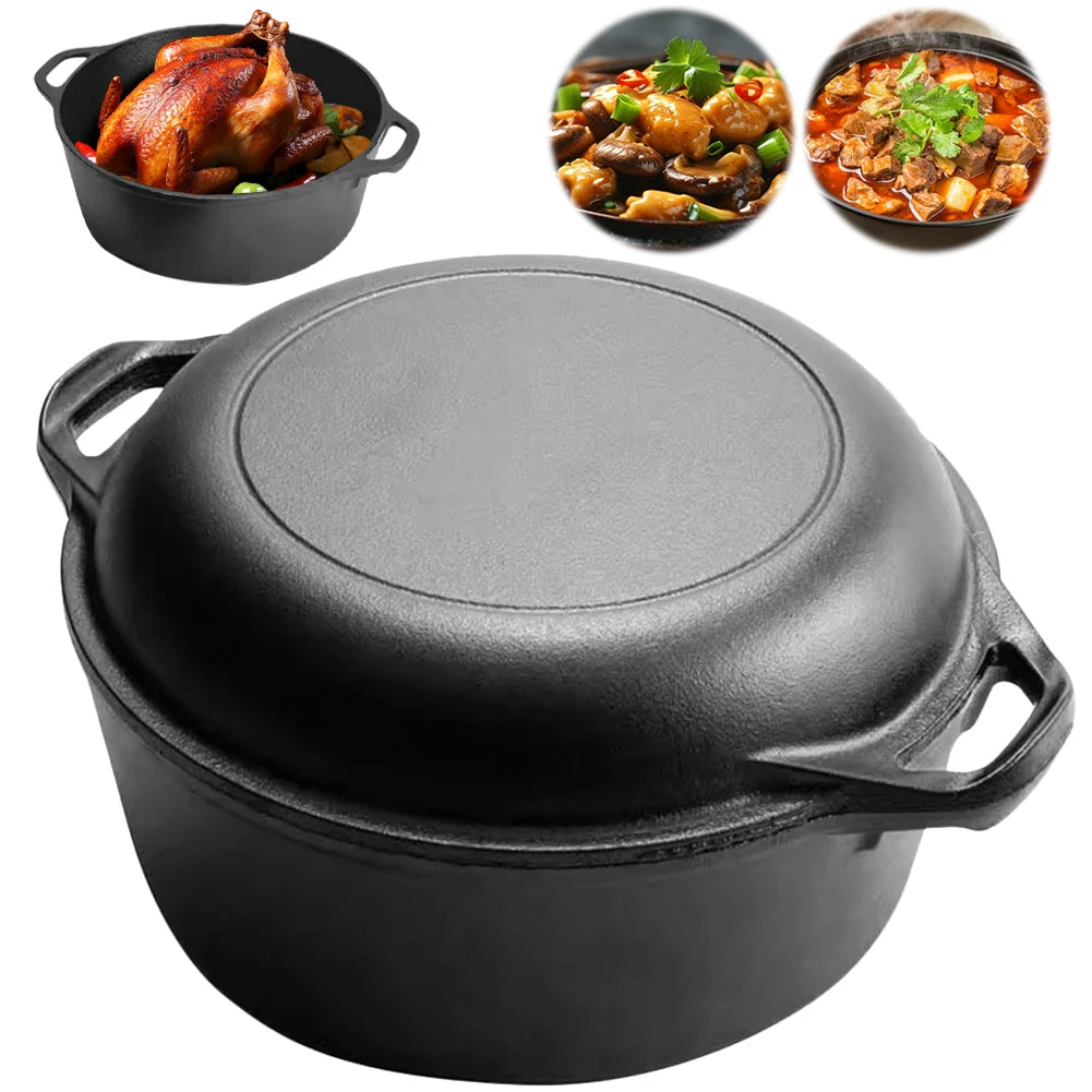 2 in 1 Cast Iron Dutch Oven Skillet Pot Set for Baking Camping BBQ