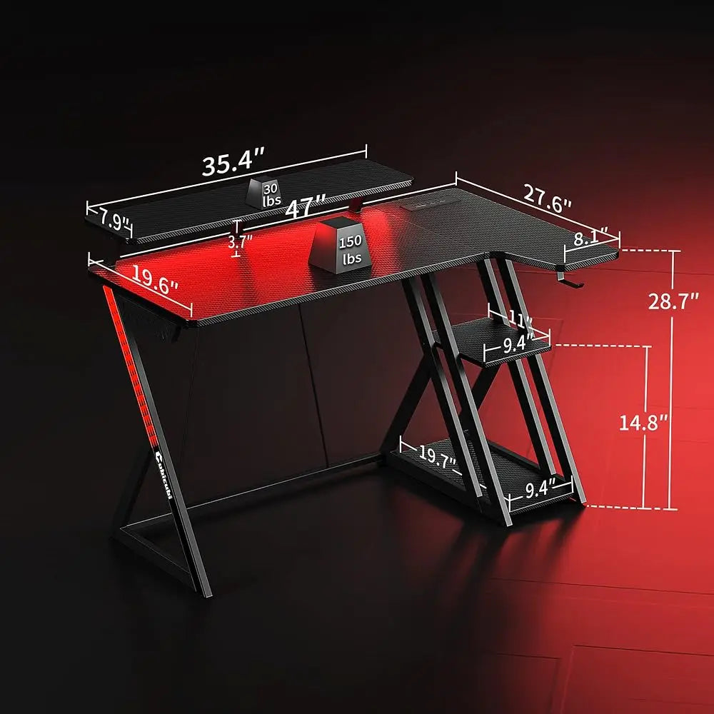 Aurora Gaming Desk L Shaped with LED Lights Power Outlets Storage Shelves