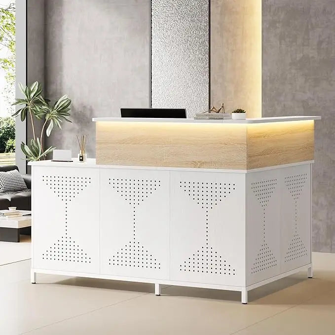 L-Shaped Reception Desk with LED Lights Modern Checkout Counter Table