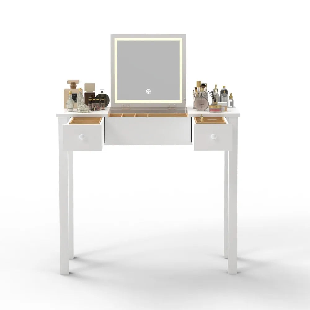 Elegant Black Vanity Table with LED Mirror and Jewelry Storage