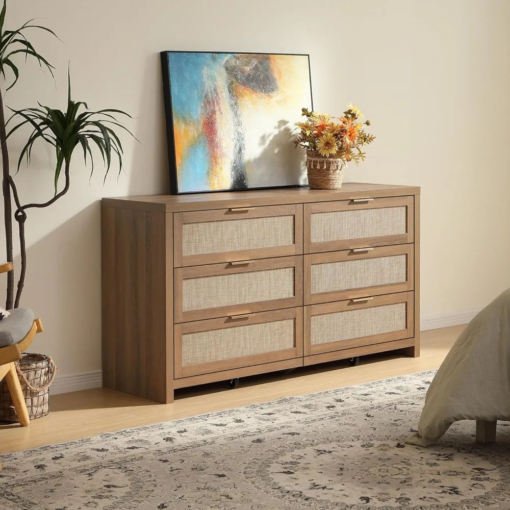 Rattan Dresser 6 Drawer Chest Storage Modern Bohemian Style for Bedroom