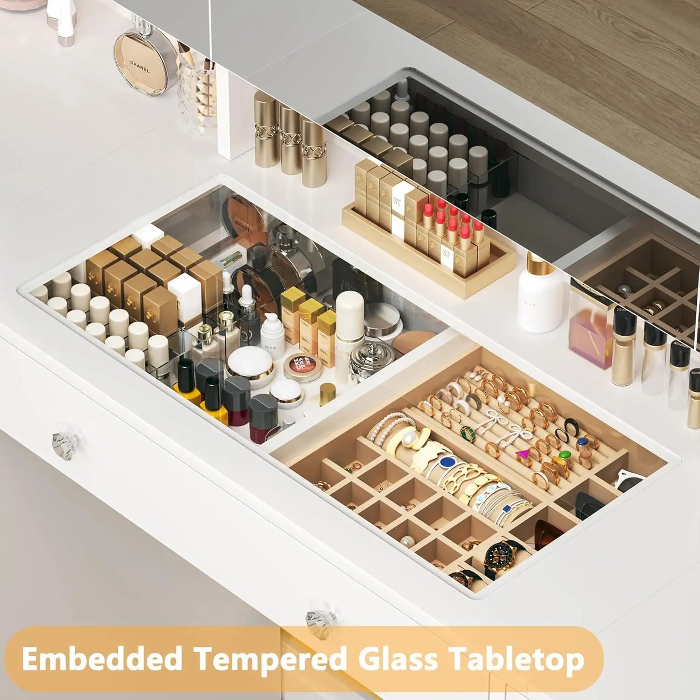 Vanity Desk with Mirror Lights 50 Inch Makeup Vanity Glass Top 11 Drawers