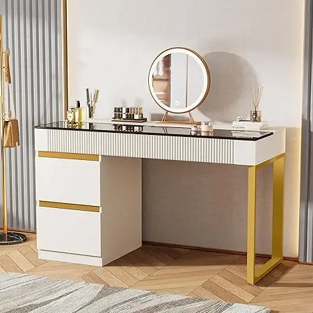 Modern Makeup Vanity Desk with Glass Top and 4 Storage Drawers