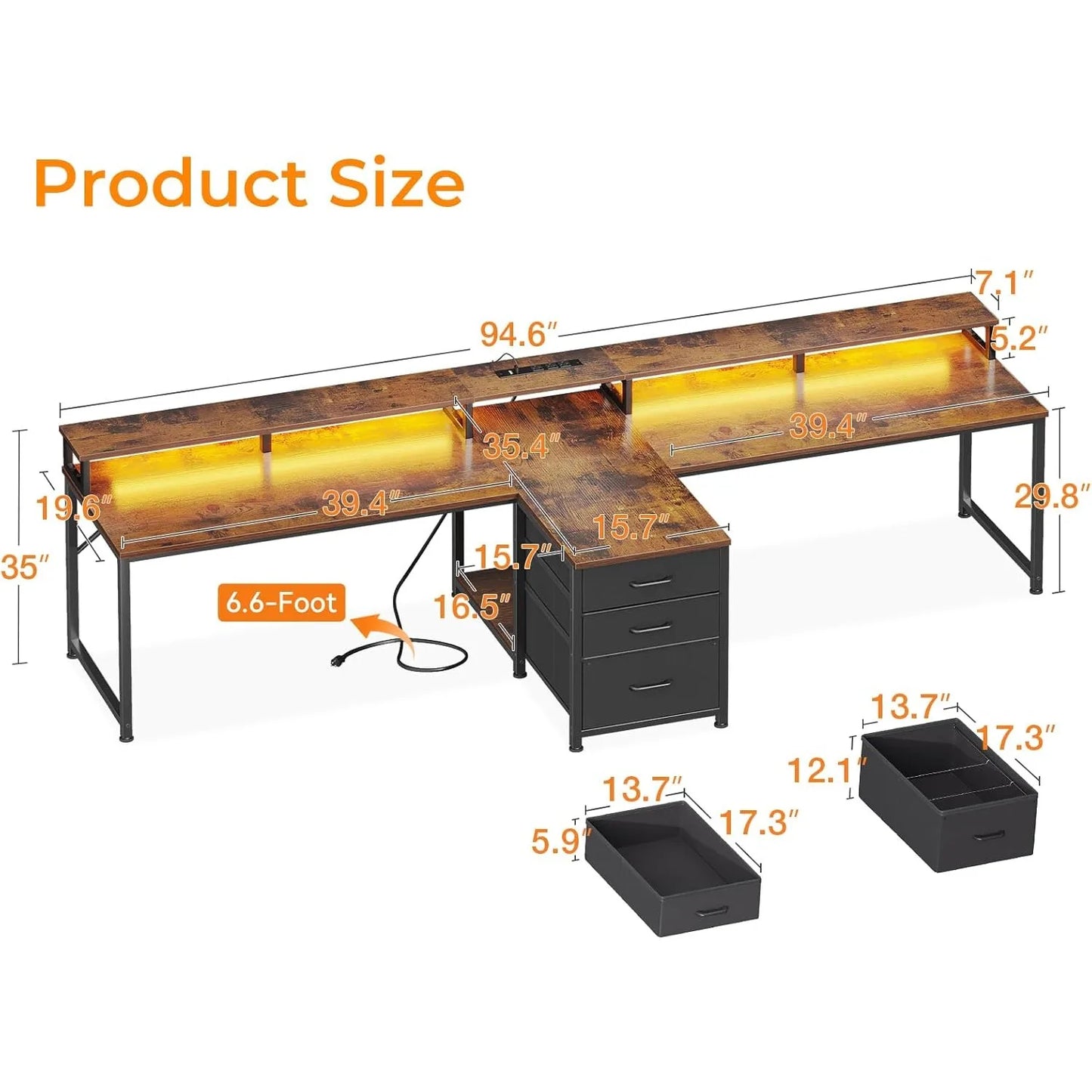 94 Inch Computer Desk for 2 with LED Light Power Outlet Storage