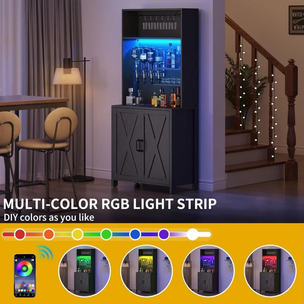 Farmhouse Bar Cabinet with LED Lights Wine Rack and Liquor Dispenser
