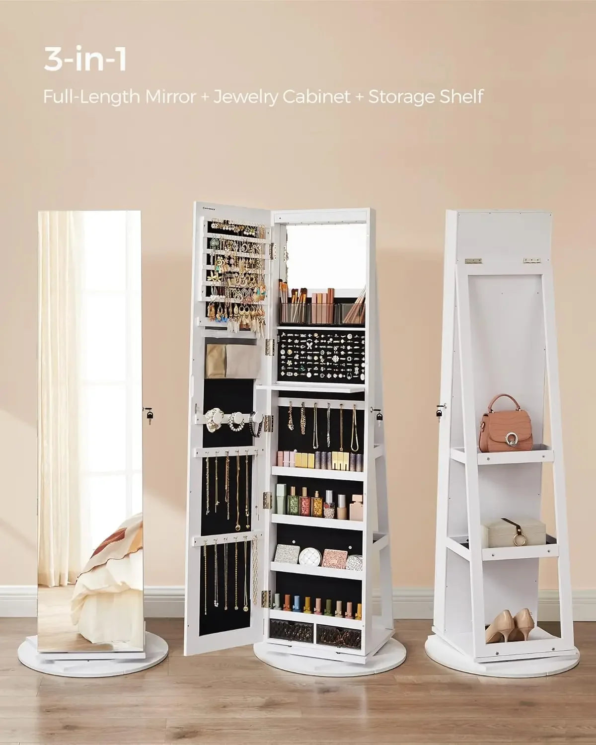 Ljustra 6 LED Lockable Mirror Jewelry Cabinet 360° Swivel Organizer Armoire
