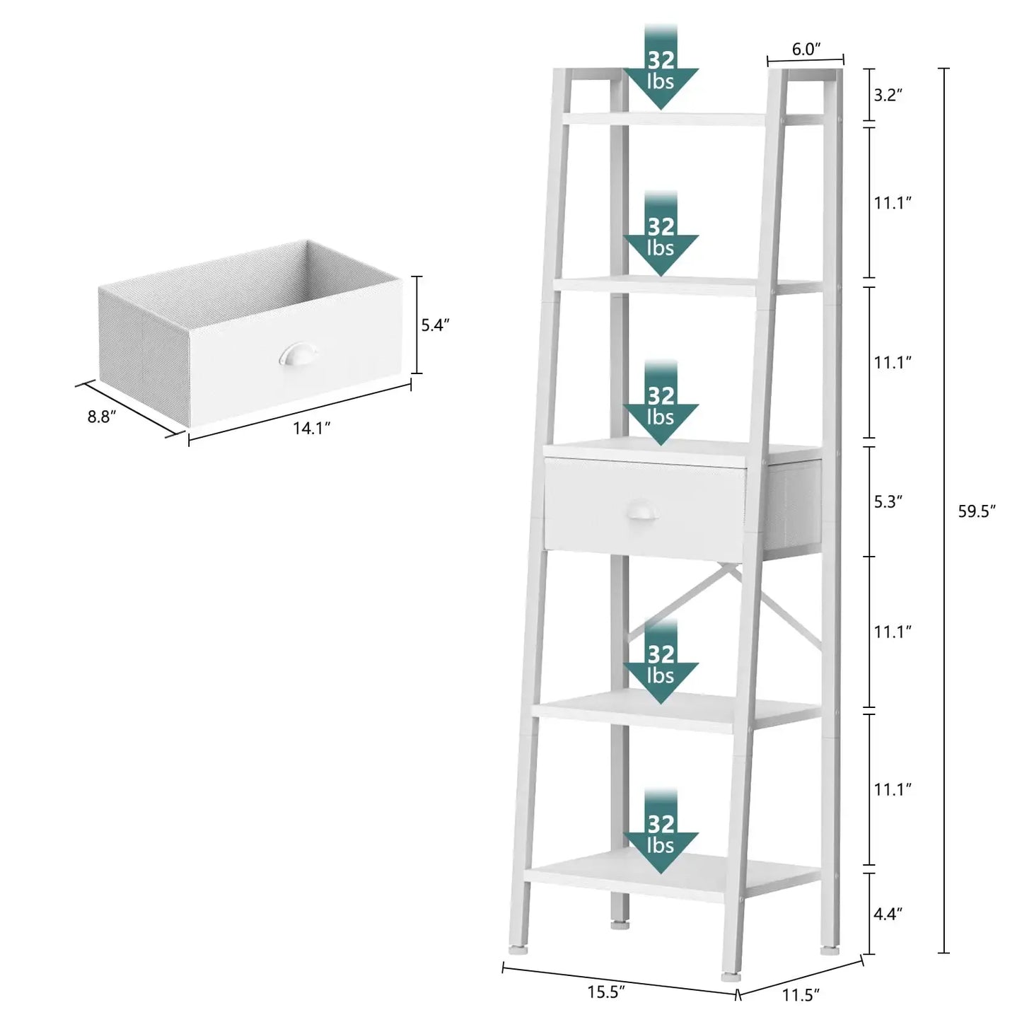 5-Tier Ladder Bookshelf Narrow Bookcase with Removable Drawers Living Room