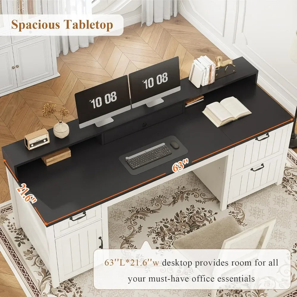 Farmhouse Executive Desk with File Drawer and Monitor Stand for Home Office