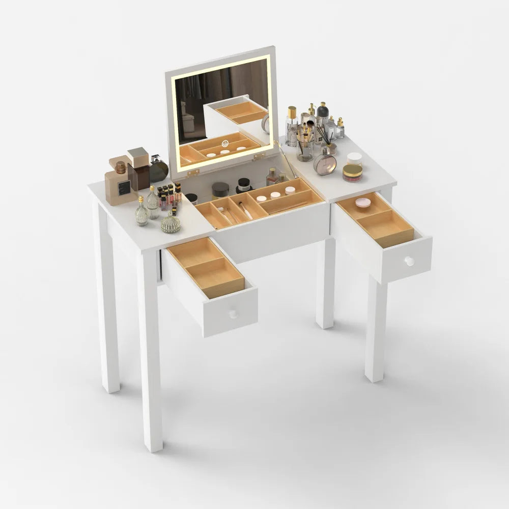 Elegant Black Vanity Table with LED Mirror and Jewelry Storage