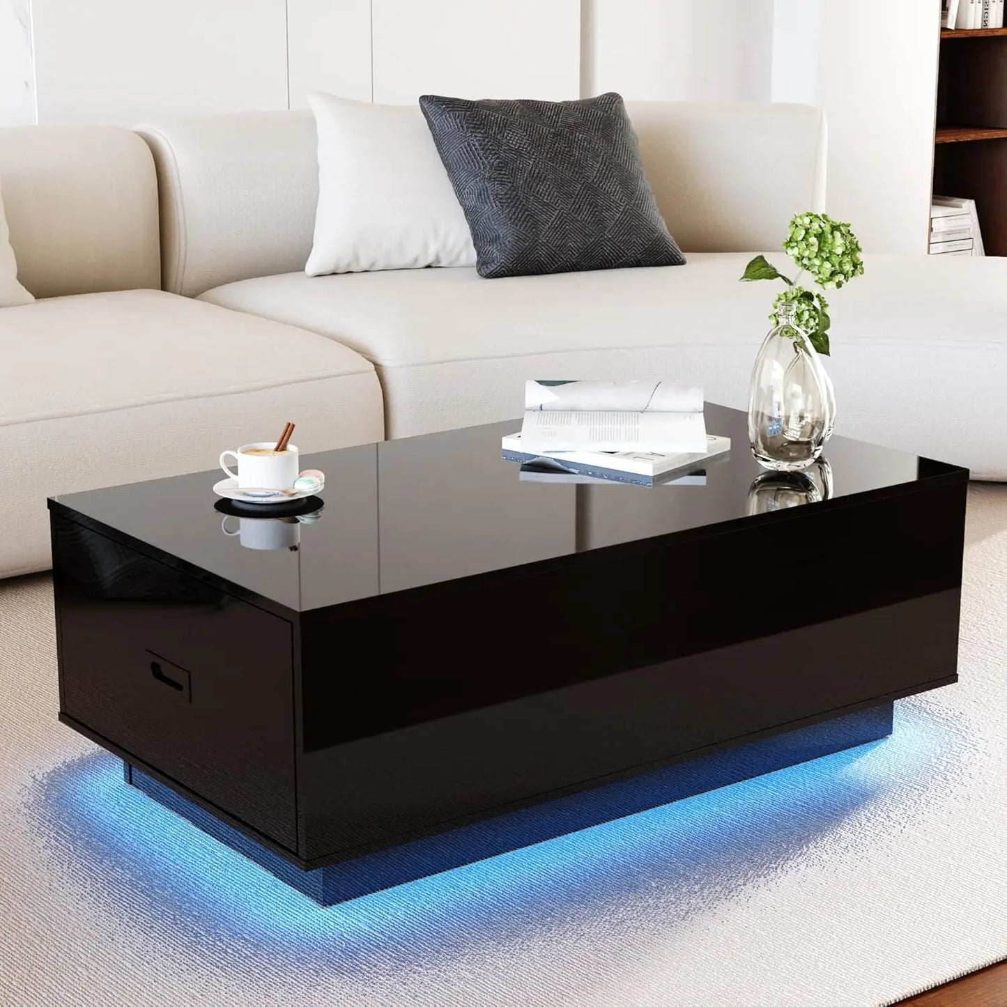 41 Inch LED Coffee Table with Drawers Modern High Gloss Living Room