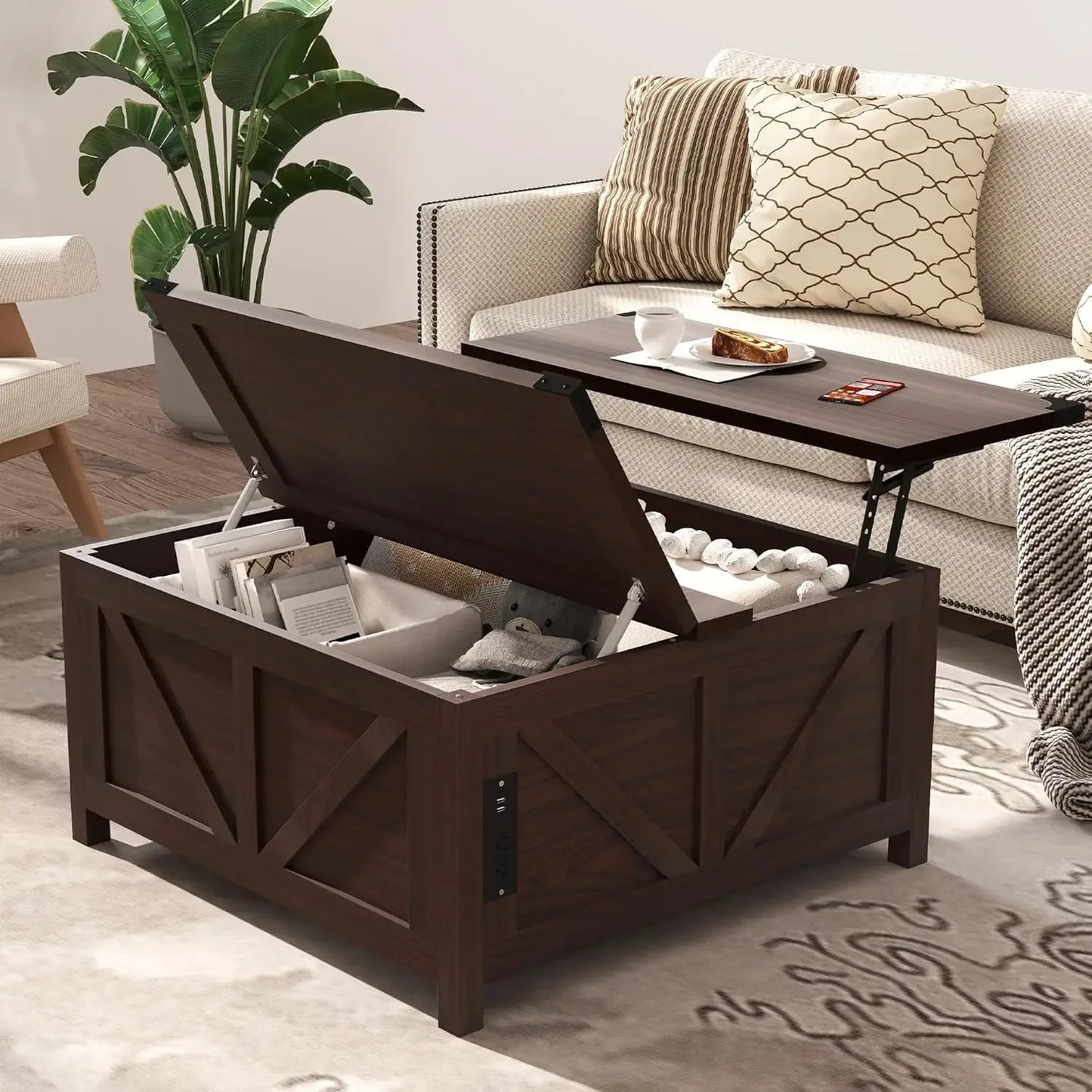 Lift Top Coffee Table Rattan Center Table Large Storage Farmhouse Style