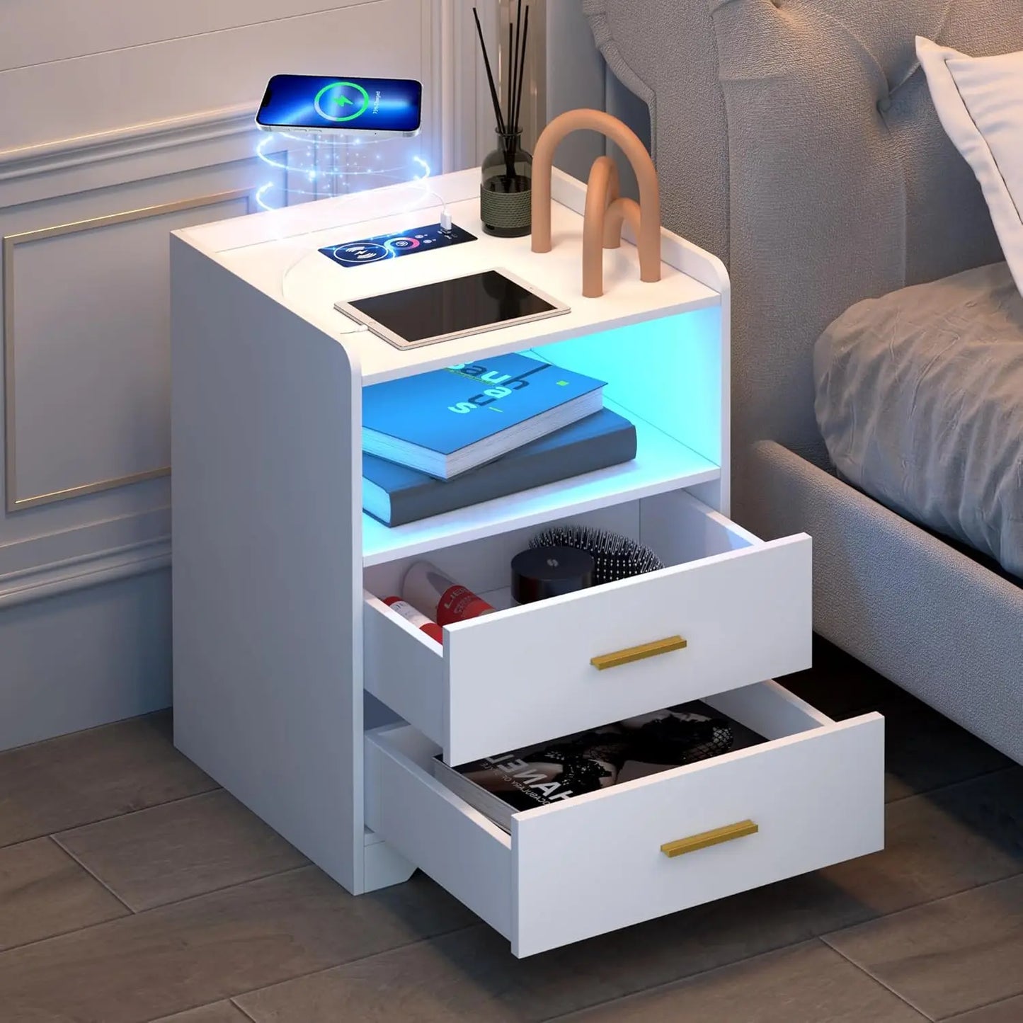 LED Nightstand with Charging Station Modern RGB Bedside Table