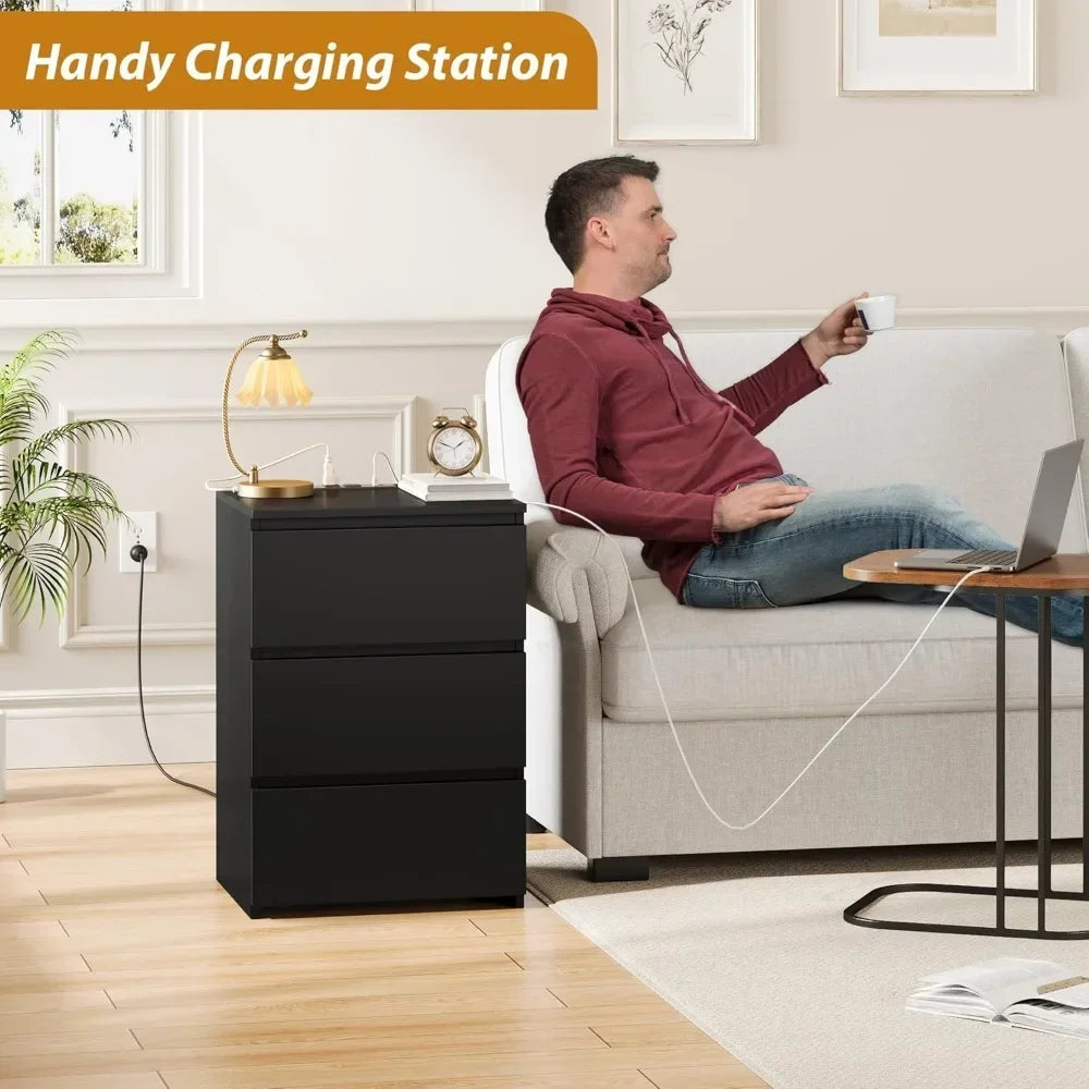 Black Nightstand with Charging Station USB Ports Power Outlets 26"