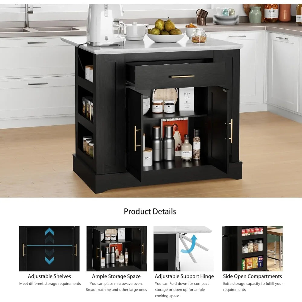 Large Kitchen Island with Electrical Outlets Drop Leaf Marble Countertop