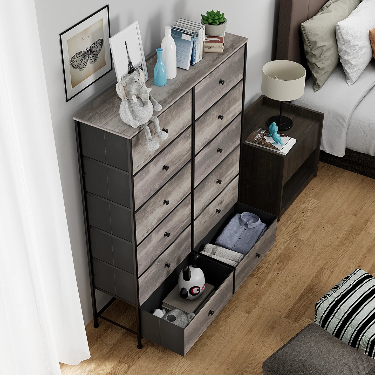 **** Chest of Drawers Fabric Storage 8/12 Drawers Wooden Top Metal Frame