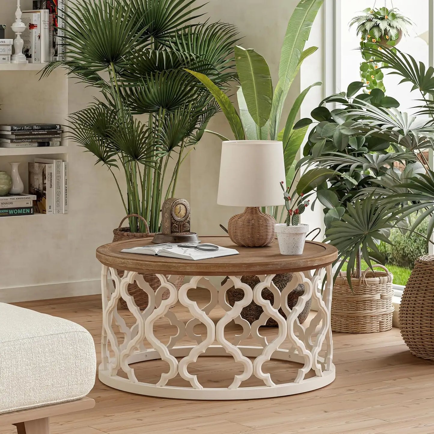 Farmhouse Coffee Table Round Distressed Tray Top Rustic Boho Decor