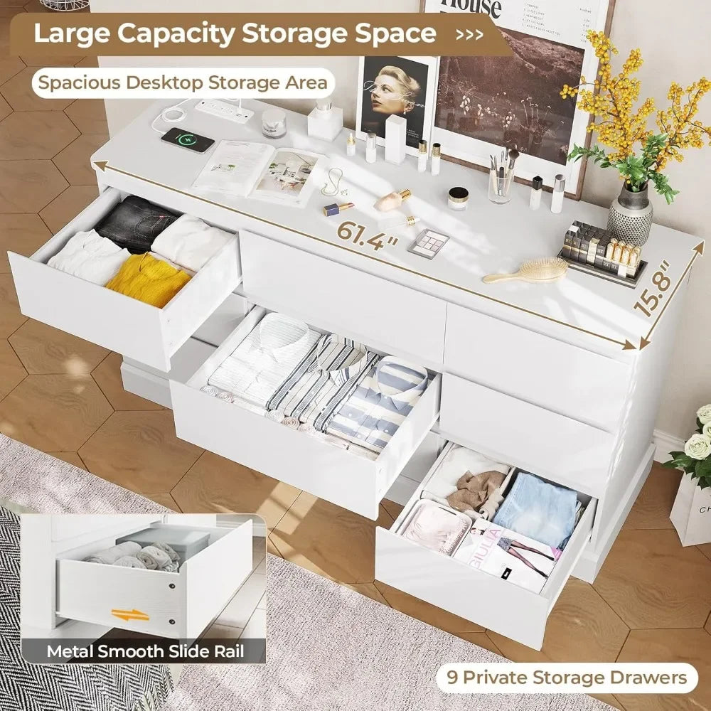 Modern White Bedroom Dresser 9 Drawers Long Storage Chest 61.4 Inches