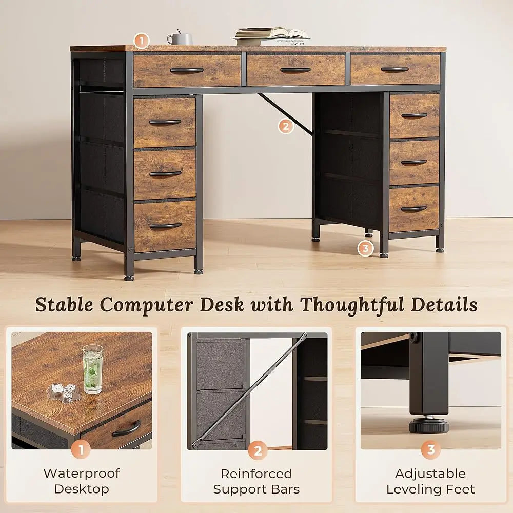 47 Inch Office Desk with Outlets and 9 Fabric Drawers for Home Office
