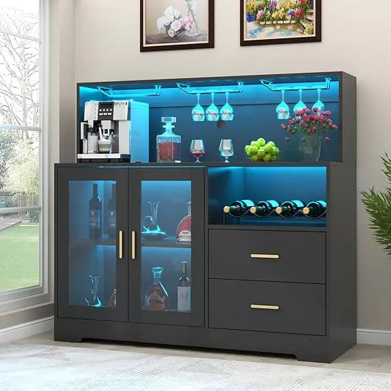 Wine Bar Cabinet with LED Light Modern Kitchen Buffet Sideboard Storage
