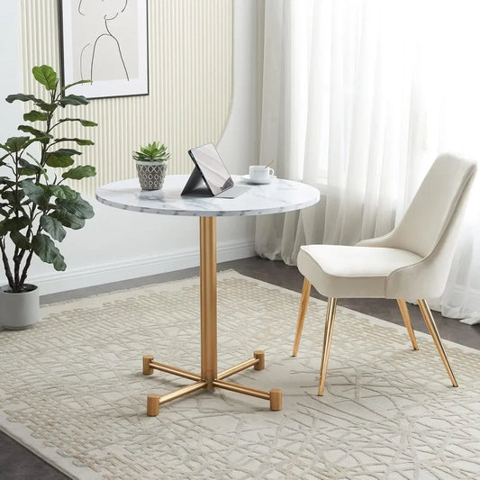31.5 Inch Round Dining Table White Faux Marble Top Golden Legs Modern