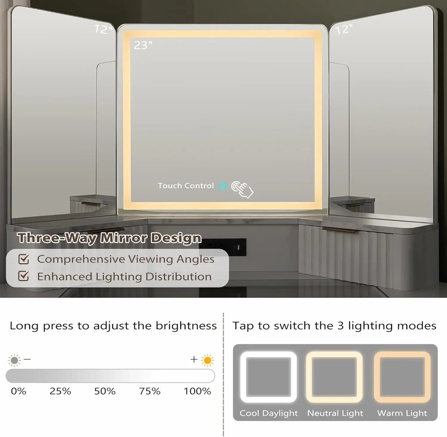Fluted Makeup Vanity Desk with 3 Way Mirror Lights Charging Station Storage