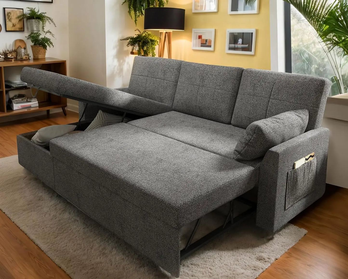 L-Shaped Sleeper Sofa Bed w/ Pull-Out & Storage Chaise – Chenille Fabric, Convertible Couch, Grey