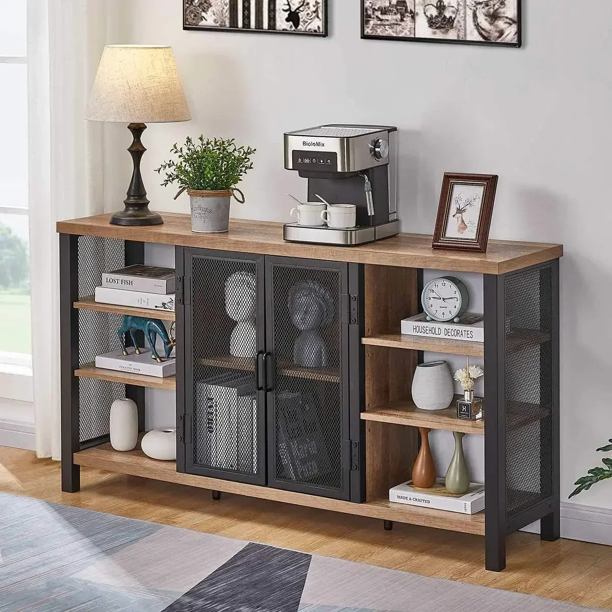 Industrial Wine Bar Cabinet Coffee Bar Sideboard with Wine Rack Storage