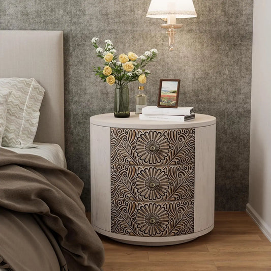3 Drawer Chest of Drawers Round Storage Cabinet Nightstand Wood Bedside Table