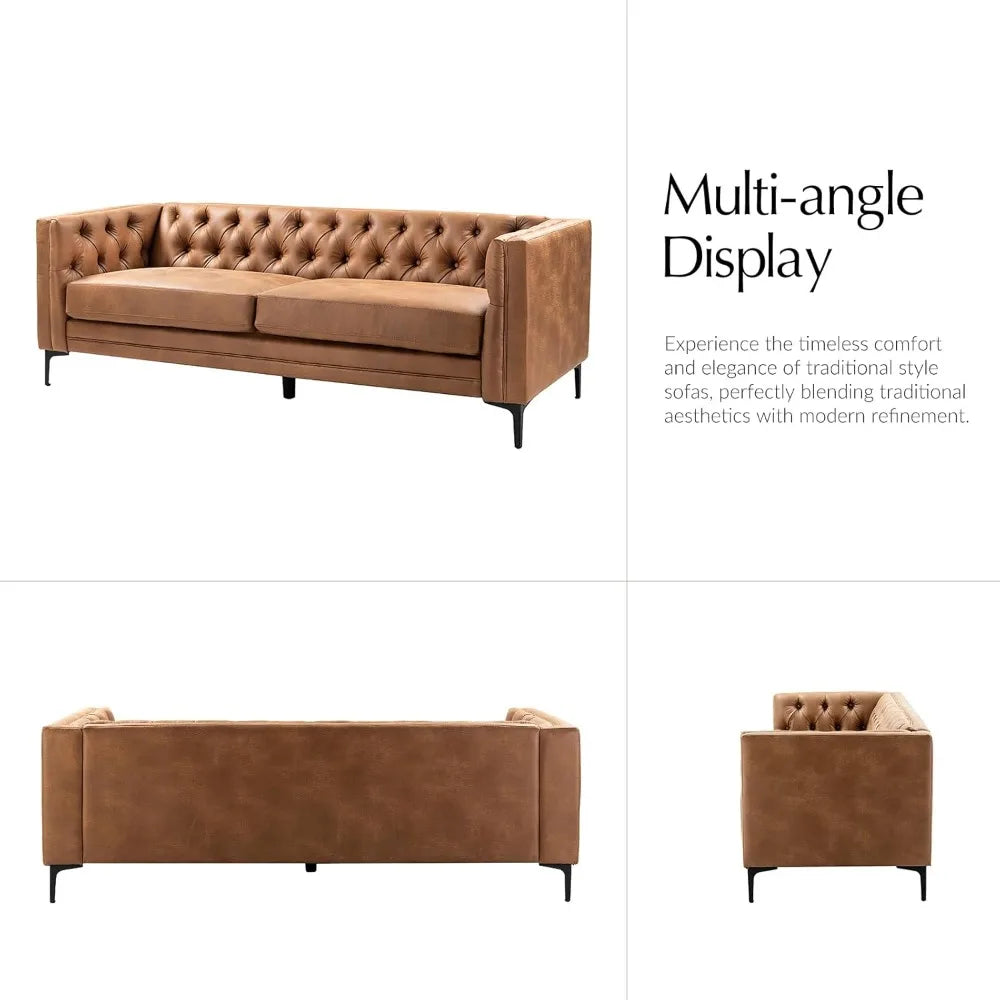 84 Inch Faux Leather Sofa Couch Mid Century Modern 3-Seater Living Room