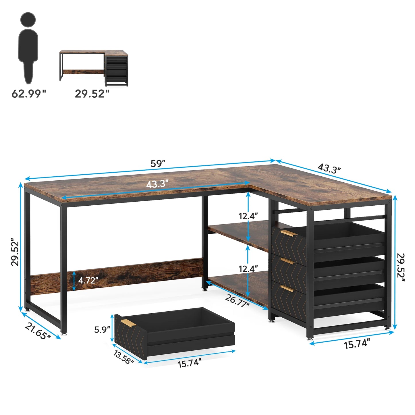 L Shaped Computer Desk with Storage Drawers Reversible Corner Desk