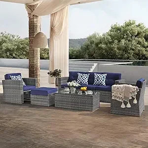 7 Piece Outdoor Patio Furniture Set Sectional Sofa with Ottoman