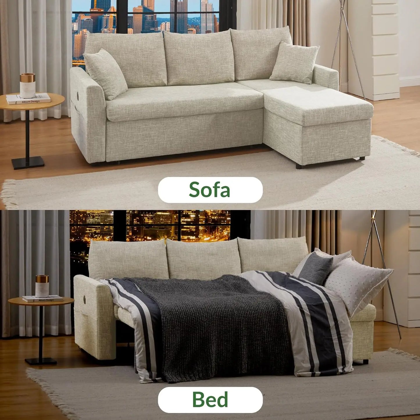 L Shaped Convertible Sleeper Sofa Bed Sectional Couch USB Charging