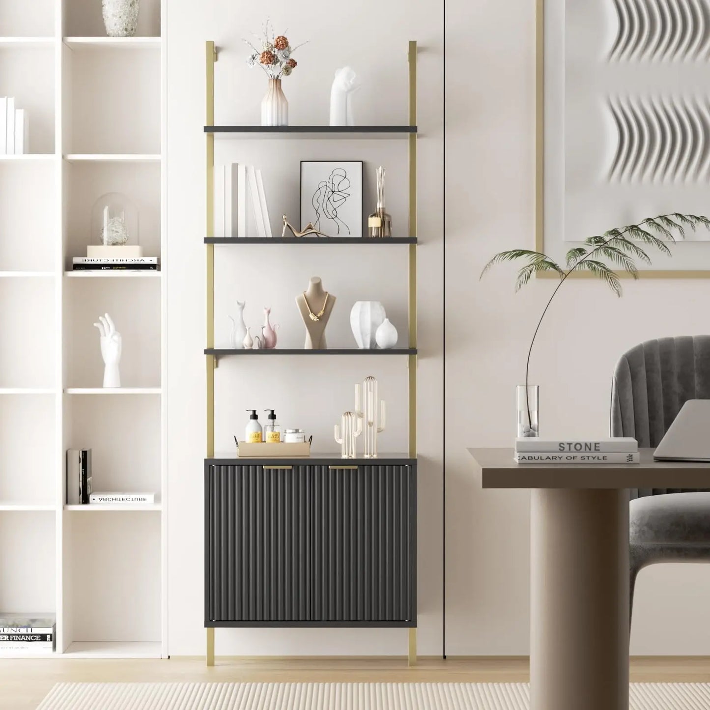 Ladder Bookshelf Storage Cabinet 71'' Tall Wall Mount Bookcase Metal Frame