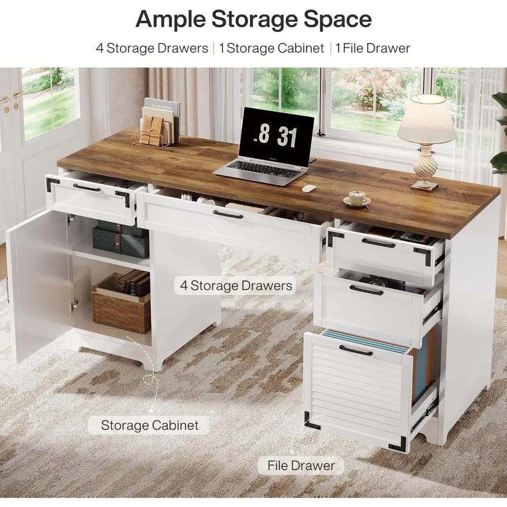 59 Inch Farmhouse Executive Desk with Charging Station and Storage