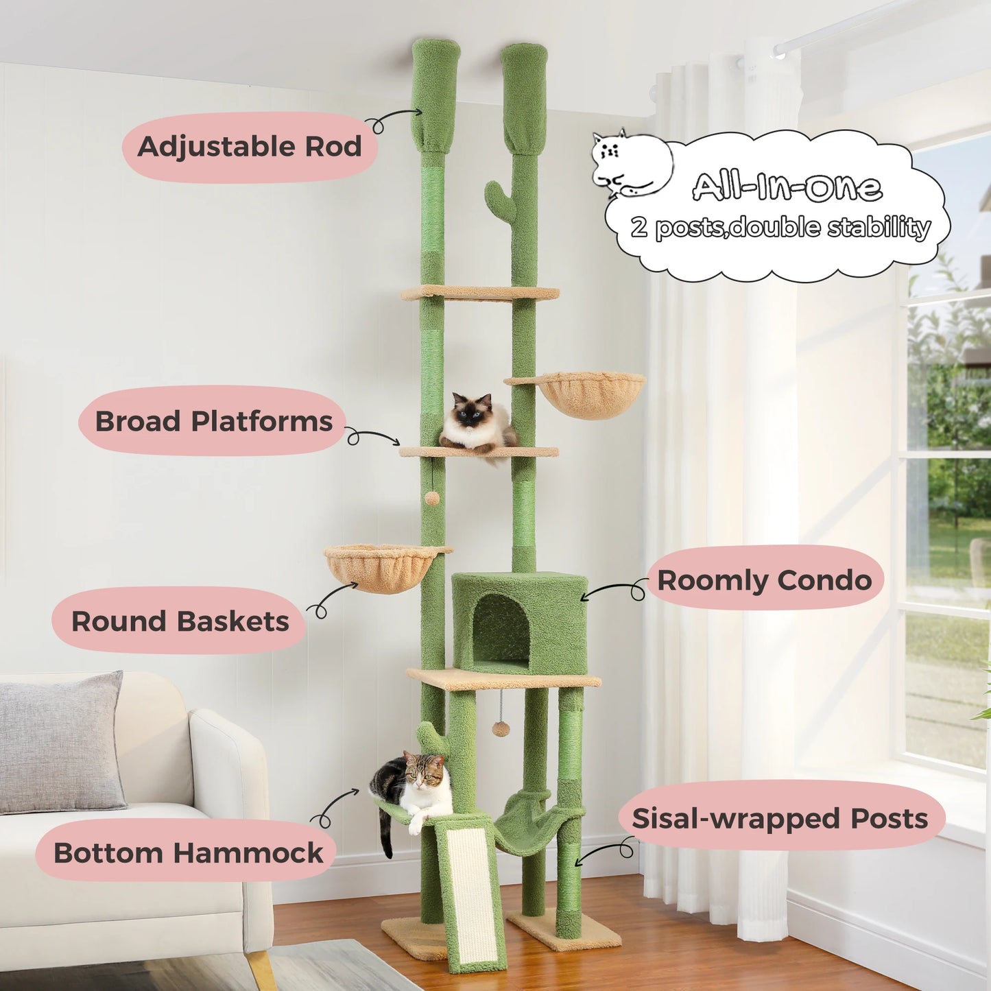 Cactus Cat Tree Floor to Ceiling Cat Tower 7 Tiers with Hammocks and Scratching Posts