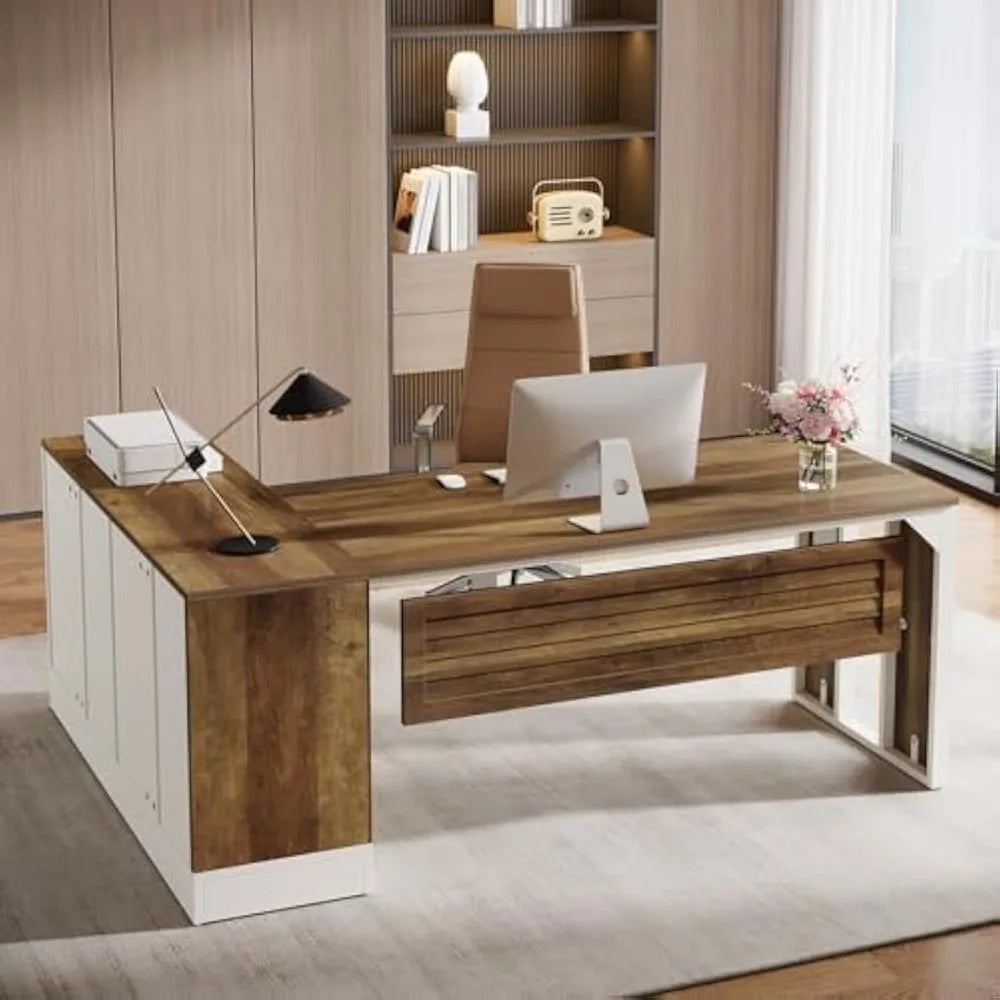 L-Shaped Executive Desk Office Workstation with Cabinet Storage