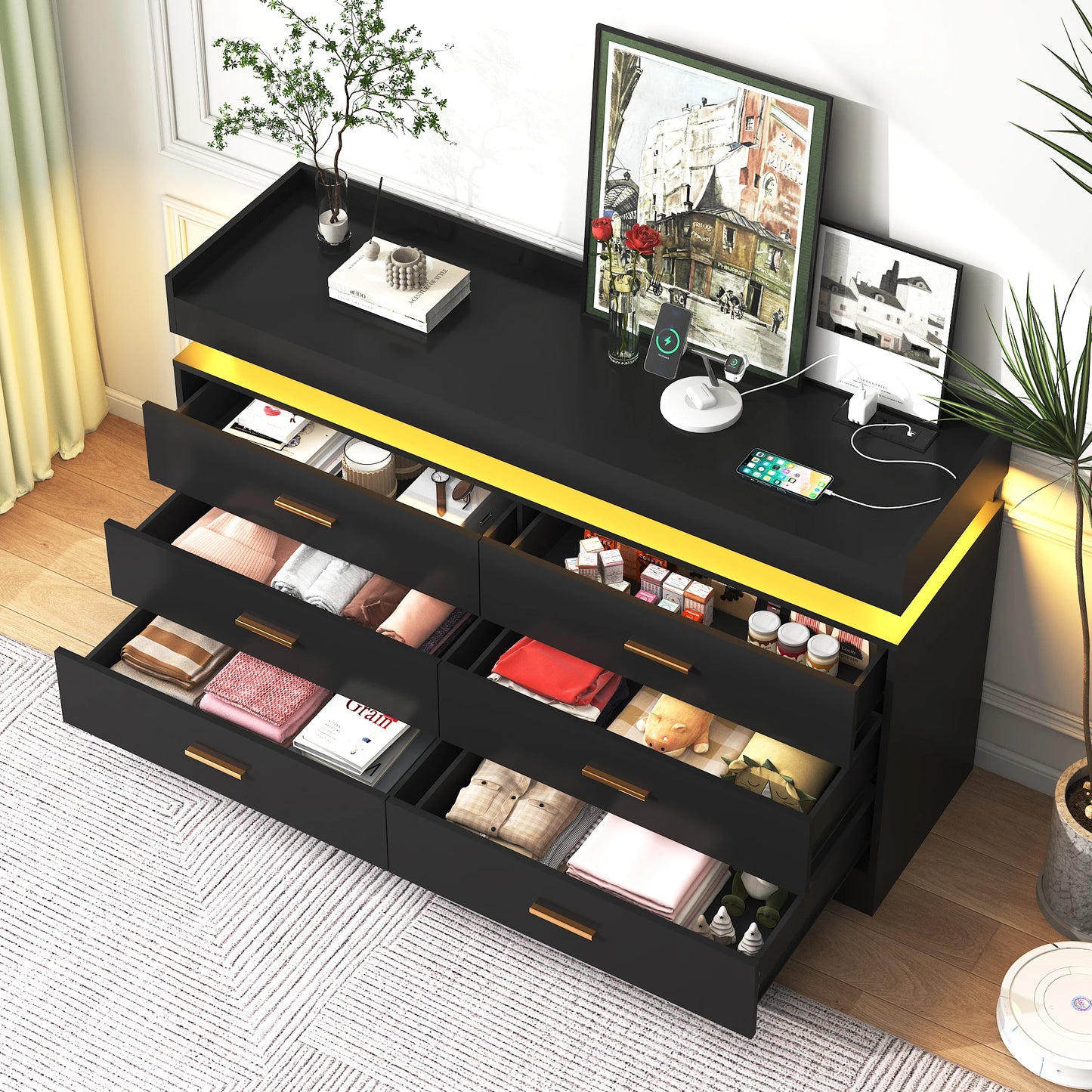 6 Drawer Dresser Modern Chest of Drawers with LED Light for Bedroom