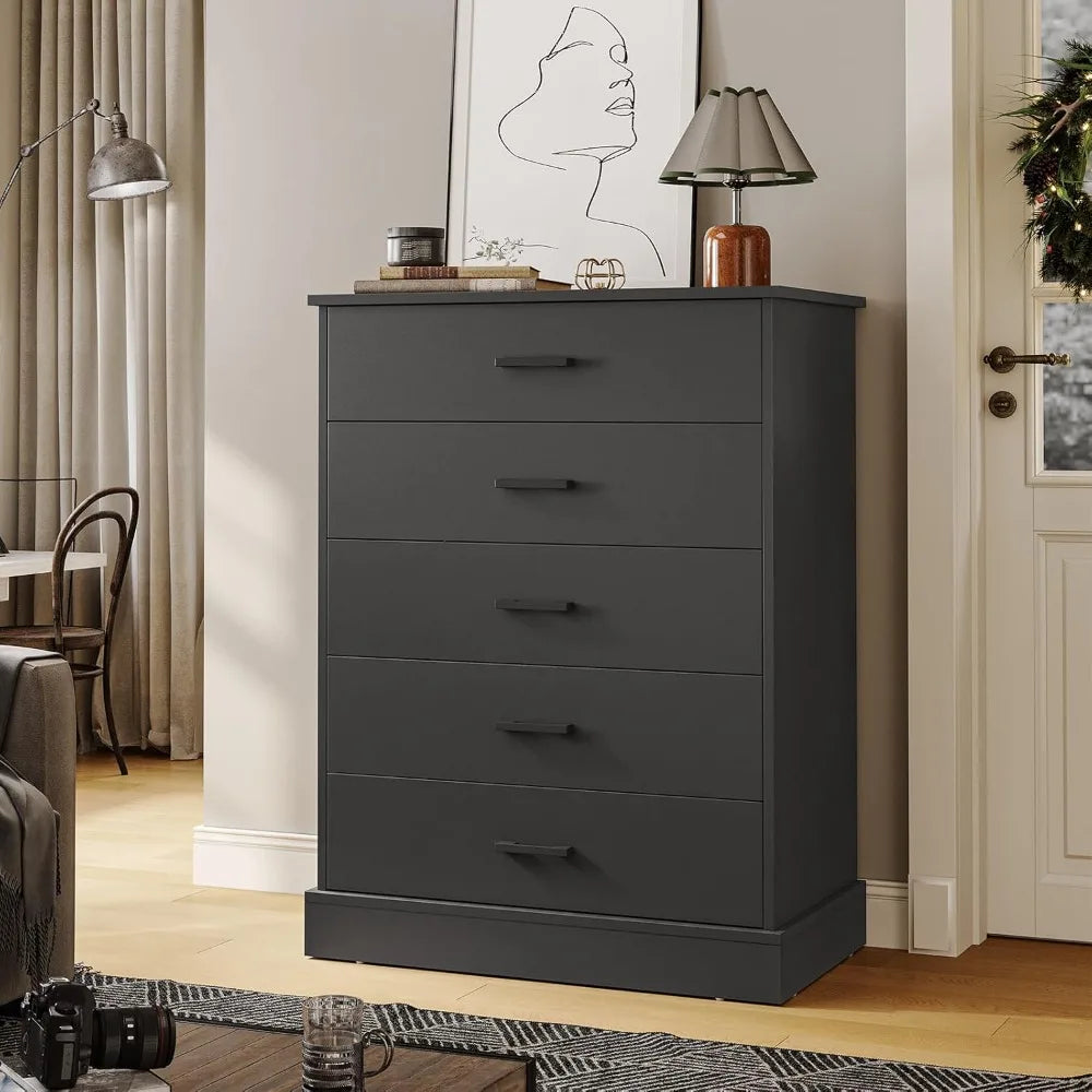 Black 5 Drawer Dresser Wooden Storage Cabinet Tall Chest for Bedroom
